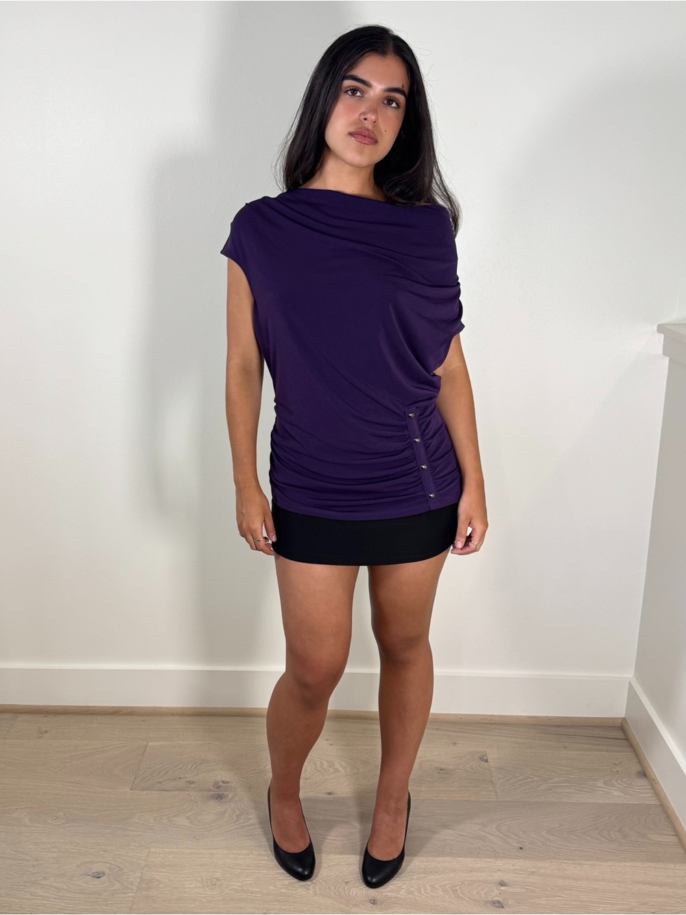 Worthington Purple Draped Short Sleeve Blouse